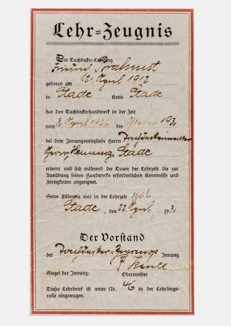 Gesellenbrief F. Brahmst - Seite 1