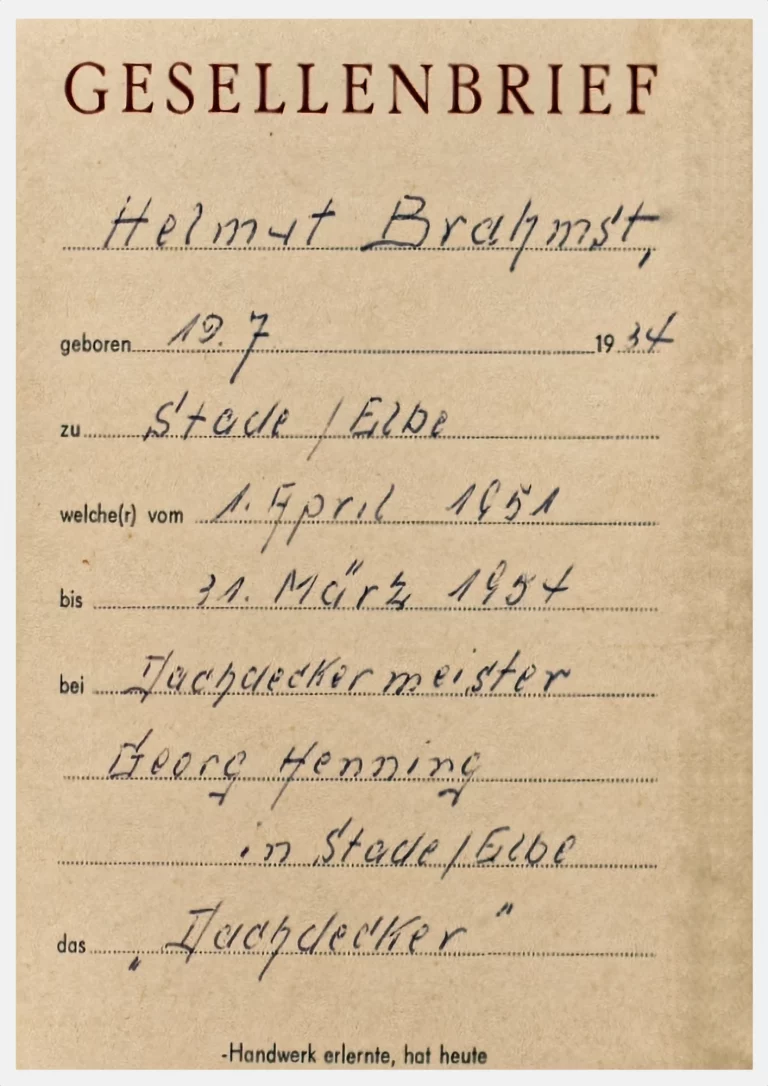 Gesellenbrief H. Brahmst - Seite 1