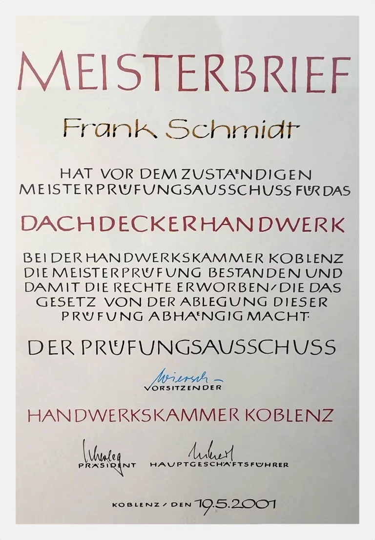 Meisterbrief Frank Schmidt