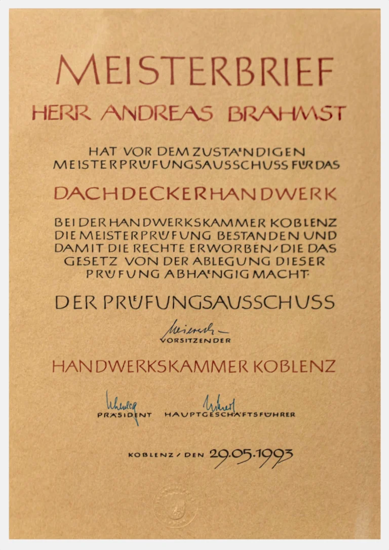 Meisterbrief A. Brahmst
